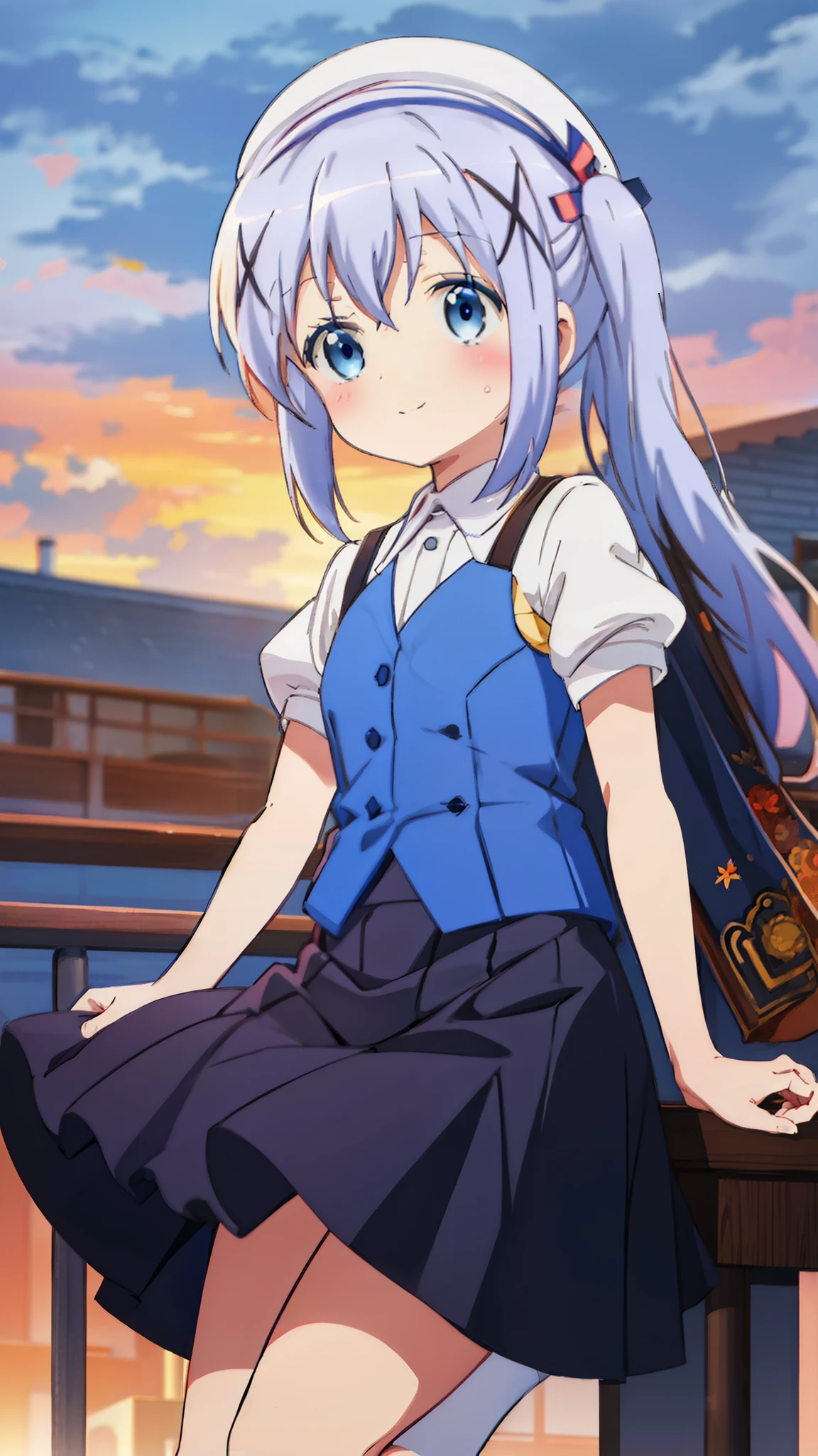 Chino Kafuu,Short-sleeved uniform,Navy Blue Skirt,White socks,Good looking girl (blush, Perfect Face), independent , Looking at the camera, masterpiece, evening,evening,Orange sky,Anime art style, Cute Characters, Most detailed, high quality、Nico Nico Smile、There are highlights in the eyes、The whole body is visible,long blue hair,blue eye