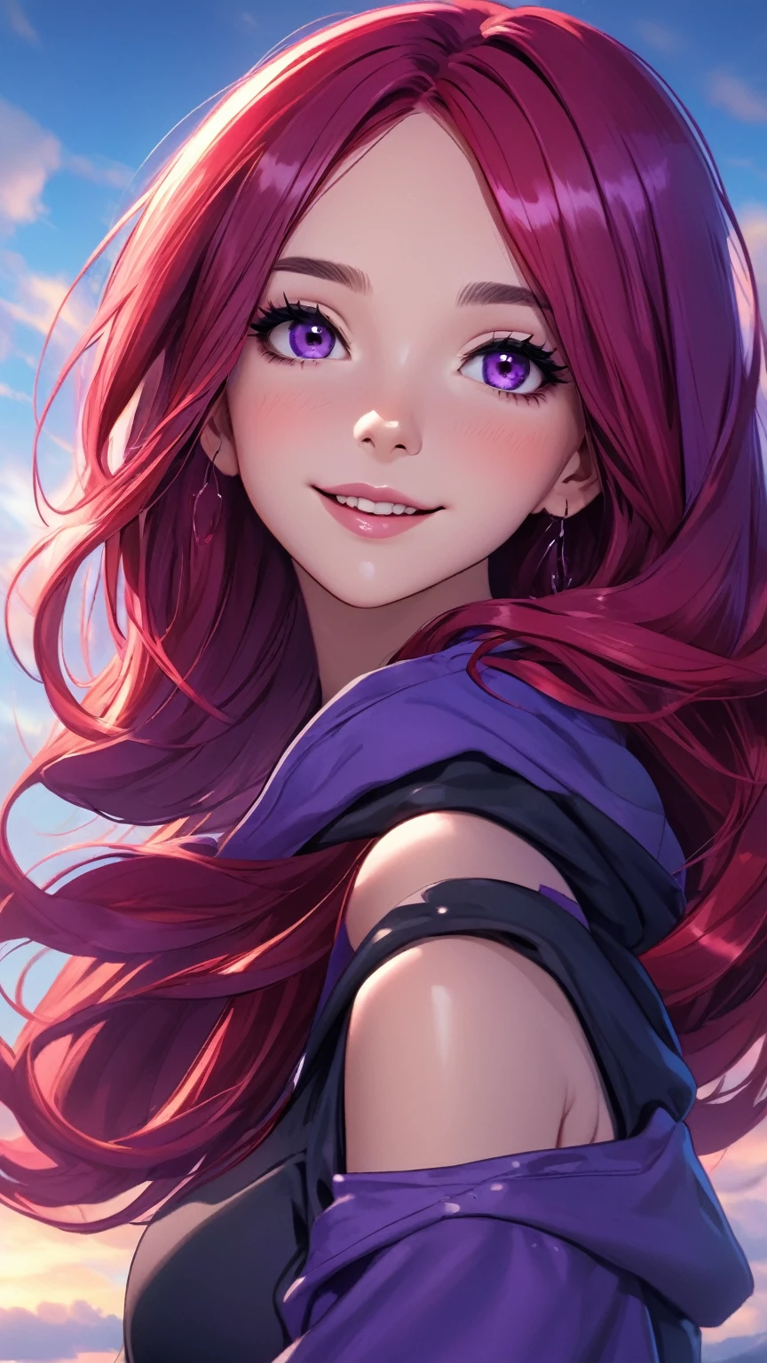 ((hope but, High definitionR, High definition, 4K, 8k)), a girl with a cute smile, medium breasts, detailed purple eyes, very long red hair with purple inner hair, wears a hoodie and a crop top underneath, a pair of dark blue jeans, she wears makeup with black eyeliner and purple eyeshadow, red lipgloss stick, perfect arms, perfect hands, colored inner hair, sky background