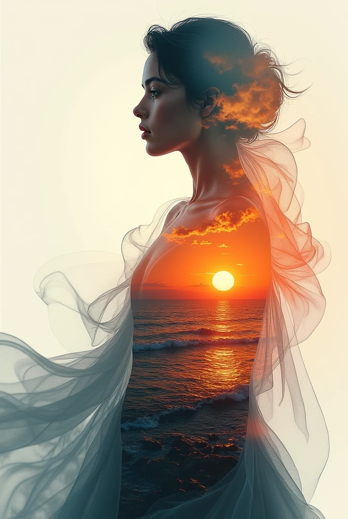 high quality, 8K Ultra HD, A beautiful double exposure that combines an goddess silhouette with sunset coast, sunset coast should serve as the underlying backdrop, with its details incorporated into the goddess , crisp lines, The background is monochrome, sharp focus, double exposure, by yukisakura, awesome full color,