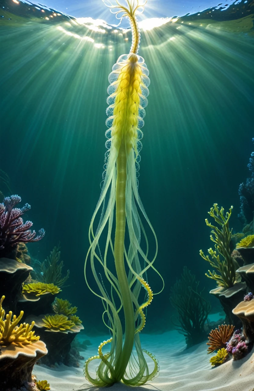 A 3-meter-long, slender, semi-transparent creature with elongated tentacles. It clings to surfaces as it moves and has developed the ability to store heat within its body. The creature is capable of photosynthesis and chemosynthesis, thriving in the scorching environment of Earth's surface and hot springs. It possesses enzymes that allow it to endure extreme temperatures.