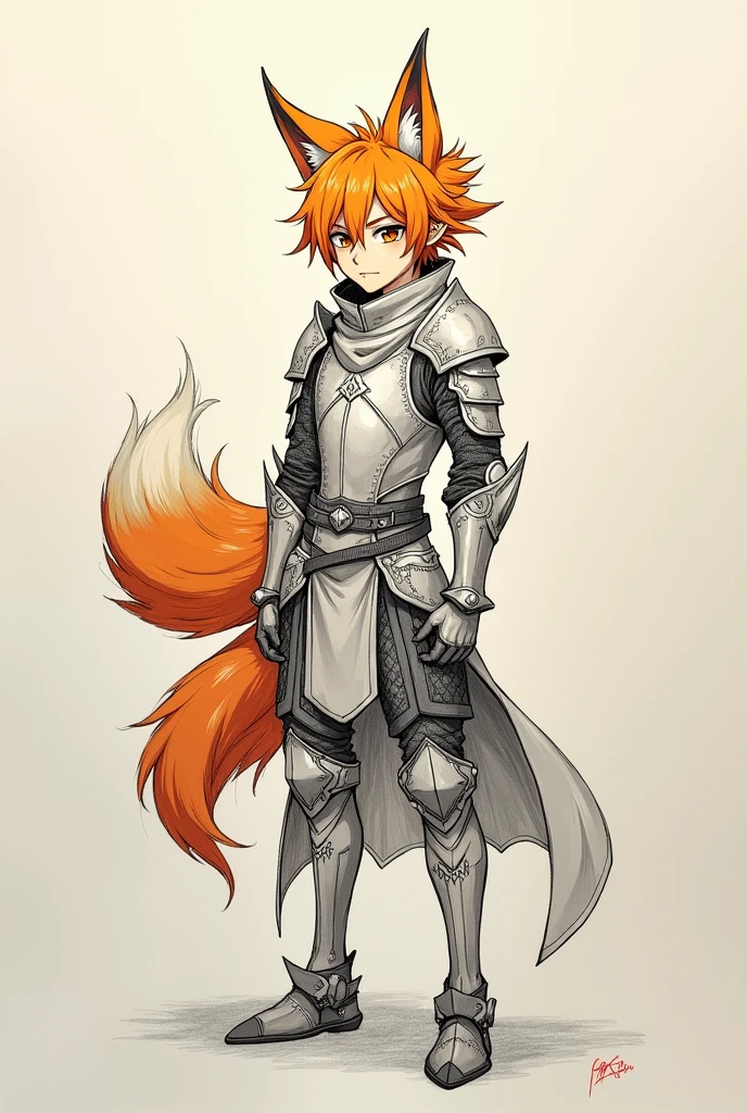 Generate a simple handrawn with no colors but shading paper drawing of a orange haired demihuman male fox knight(Anime style)