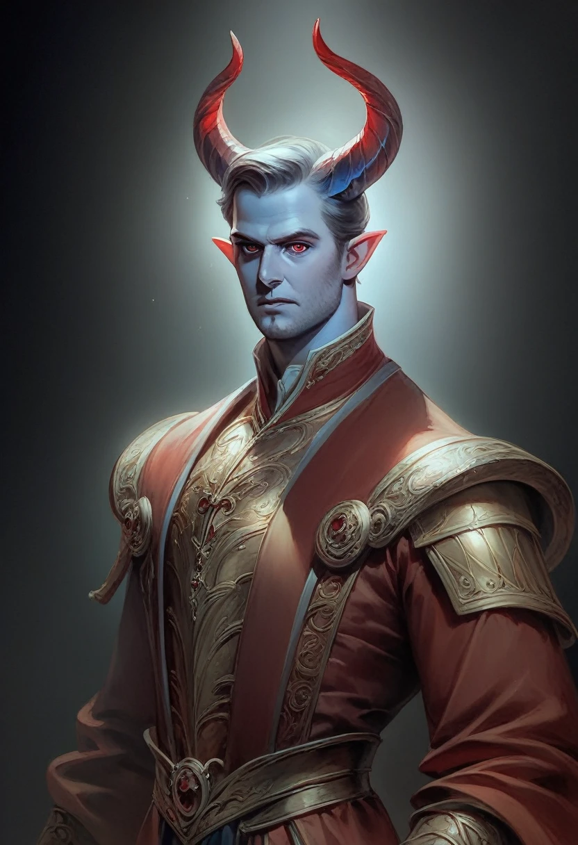 Realistic details in 8K ultra-high resolution masterpiece, dramatic lighting, eye-catching blue skinned horned humanoid creature, male, Matthew Robert Smith's face, flowing robe, glaring red eyes, gorgeous armor, intricate details, dramatic black background