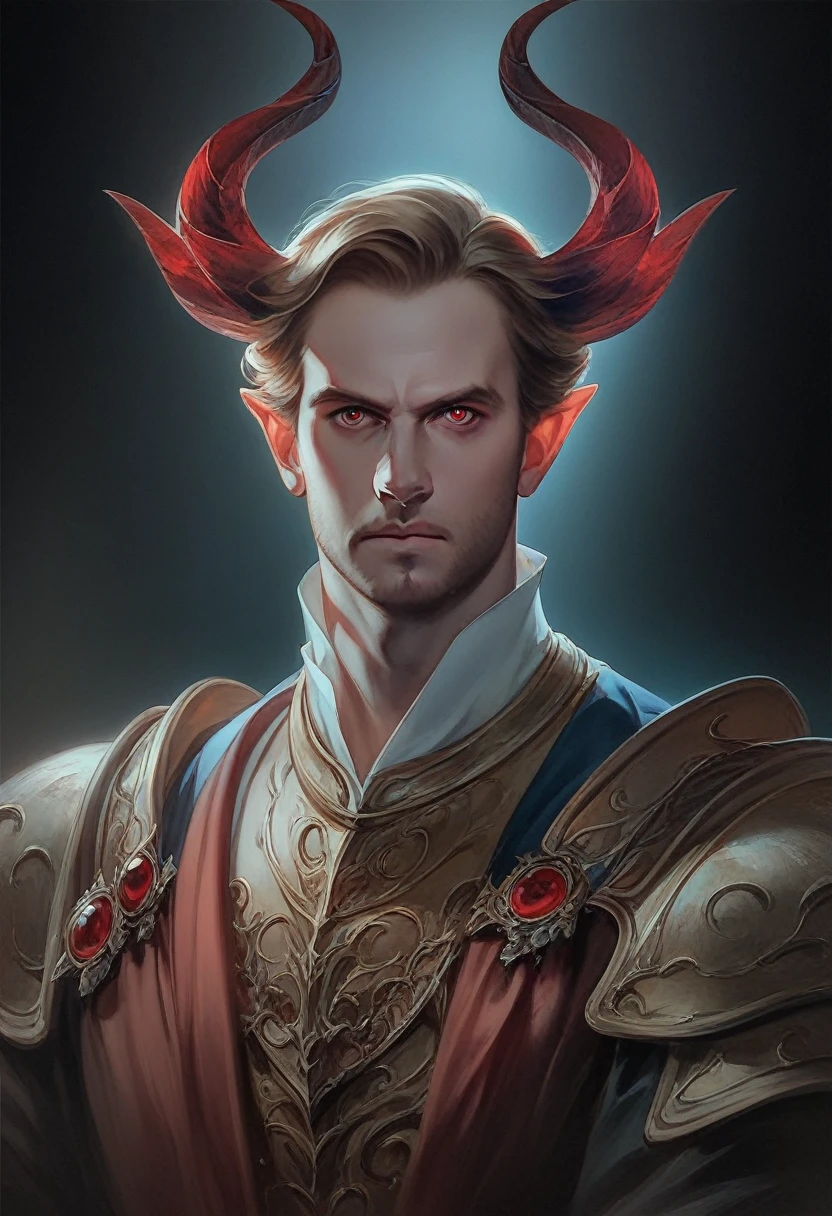 Realistic details in 8K ultra-high resolution masterpiece, dramatic lighting, eye-catching blue skinned horned humanoid creature, male, Matthew Robert Smith's face, flowing robe, glaring red eyes, gorgeous armor, intricate details, dramatic black background