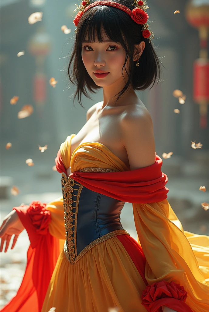 , Beautiful Chinese 18 year old female , wearing snow white cosplay, blue silk corset, red silk cape, yellow silk pleated skater skirt, silk leggings, black bob hair, red hairband, masterpiece, photorealistic, amazingly detailed face, maximum resolution,  happy, dynamic pose, , realistic, photograph, cleavage, satin, shiny clothing, sexy pose,