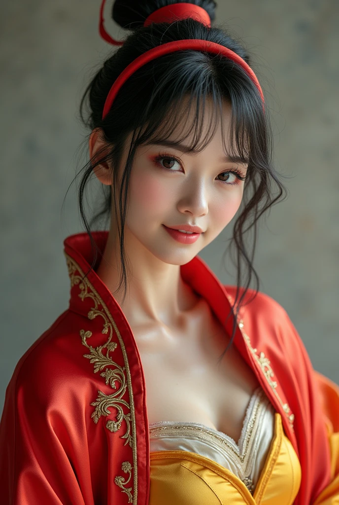 , Beautiful Chinese 18 year old female , wearing snow white cosplay, blue silk corset, red silk cape, yellow silk pleated skater skirt, silk leggings, black bob hair, red hairband, masterpiece, photorealistic, amazingly detailed face, maximum resolution,  happy, dynamic pose, , realistic, photograph, cleavage, satin, shiny clothing, sexy pose,