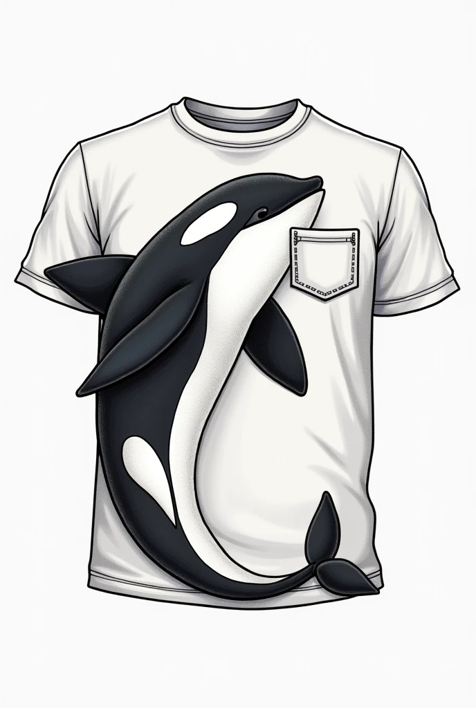 A killer whale illustration in black and white. Rotate the head sideways to make it cute. Embroider the illustration on the pocket of a short-sleeved T-shirt and place it in the small pocket on the left chest.
