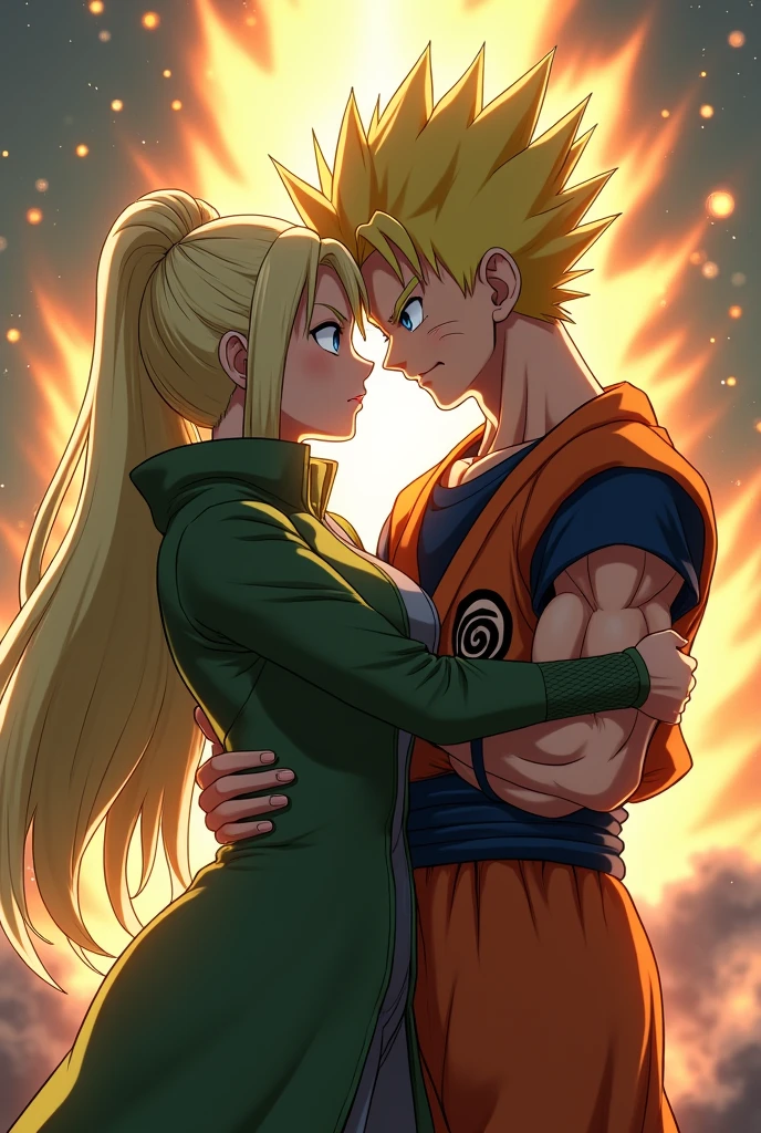 Tsunade Senju(Naruto)Couples,son goku(dragon ball Z) staring at the viewer as they hug
