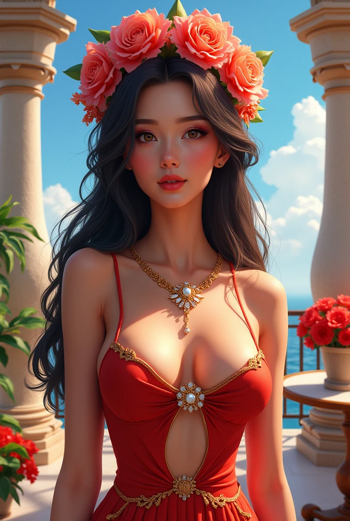 A stunning digital illustration of a captivating woman with long, dark hair adorned with a vibrant floral crown of red and pink flowers. Her light to medium skin tone complements her striking facial features, including her large, expressive eyes and full lips. She wears a elegant red dress with gold accents and a unique cut-out design at the midriff, adorned with a stunning brooch at the center. The background reveals a beautiful setting with architectural elements such as columns and a balcony, against the backdrop of a clear blue sky. Potted plants and a bouquet of red flowers on a table enhance the vibrant and sophisticated atmosphere of the scene.