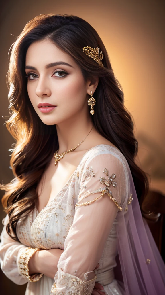 (realistic,photorealistic,photo-realistic:1.37),highly detailed,lilac color anarkali,gorgeous women,beautiful detailed eyes,beautiful detailed lips,realism style,dynamic pose,full body,8k quality,depth field,wavy long black hair,professional portrait lighting,vivid colors,ultra-sharp focus,soft natural lighting,sophisticated expression,breathtaking composition,subtle background,highres