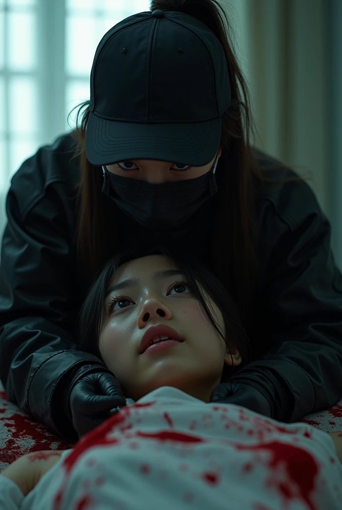 korean girl, (behind corpse, holding knife), black surgical mask, black gloves, room full of blood, black raincoat, trucker hat, holding knife, black gloves, woman on top, behind corpse, blood splatter, on the bed, mass murderer, killer, pony tail, blood splatter, dark atmosphere, cinematic lighting, atmospheric realistic, light from the window, close-up,
