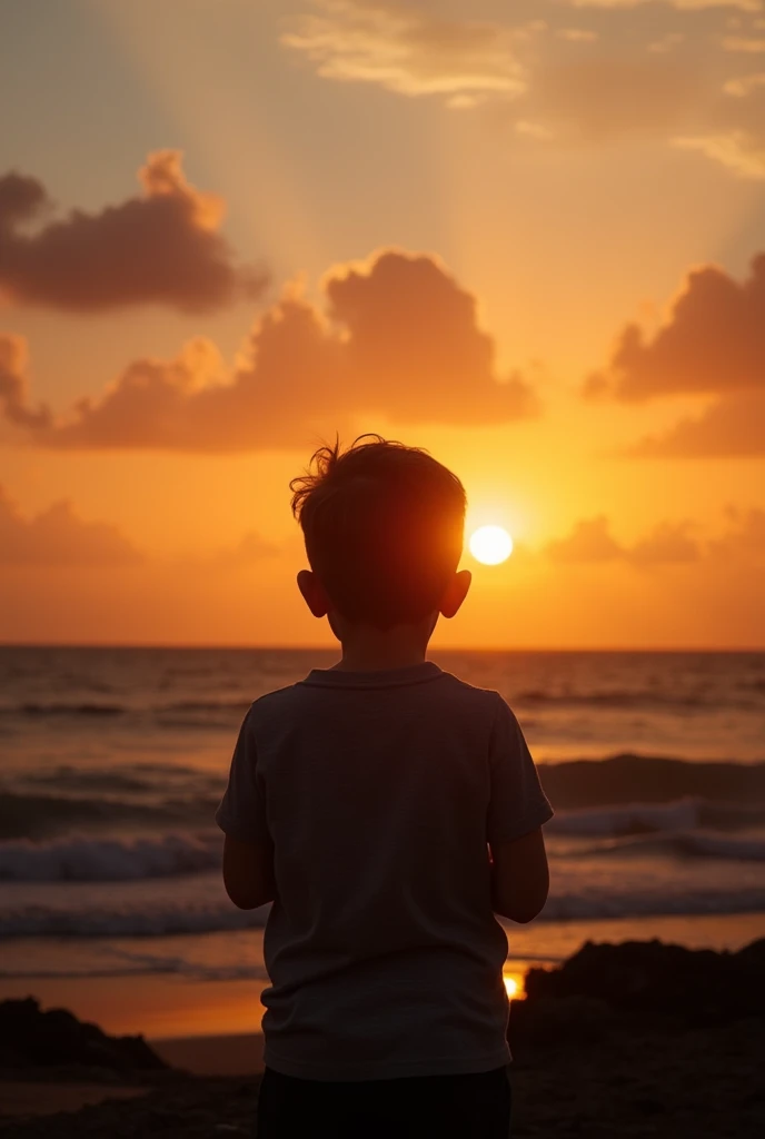 little boy behind the sunset