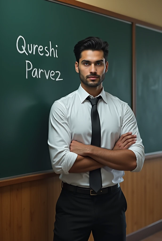 Guy writing a Qureshi Parvez name on black board, handsome face, blue eyes, black hairs, thin lips, white shirt, black pant, black tie, folded hand sleeves, folded pand sleeves, wearing black sneakers,