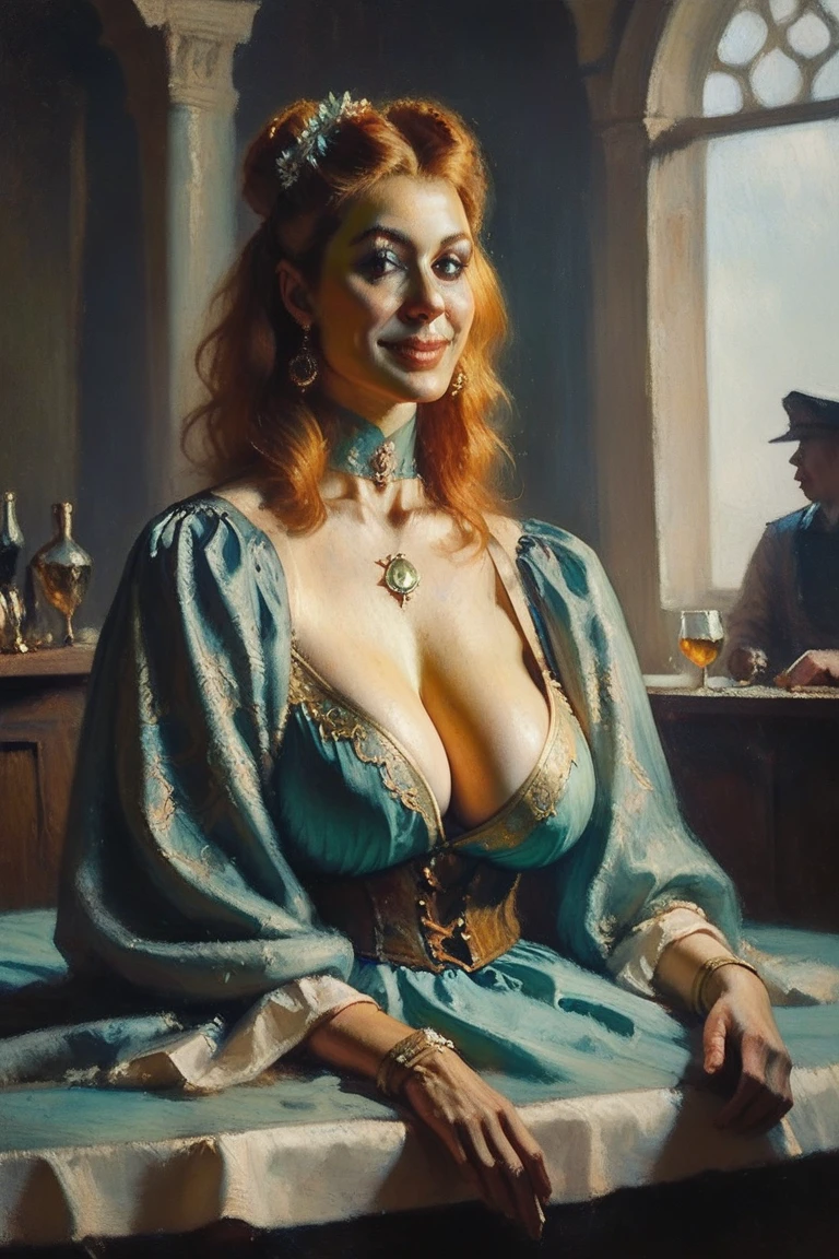 (masterpiece: 1.2, best quality), Medieval prostitutes，Poor prostitute，Ragged， Reality, Retro, space,，(Real images, Intricate details, Depth of Field), (1 girl, Solitary), cosmetic, lips parted, Very detailed, transparent, (Huge breasts: 1.1), (Skin Dimples), Thick thighs, Wide hips, Small waist, Dark green theme, A top-down view, desolate，Tattoo，(plus size woman：1.5），Thick waist，（Women），（G cup），Just been raped,(Happy expression)