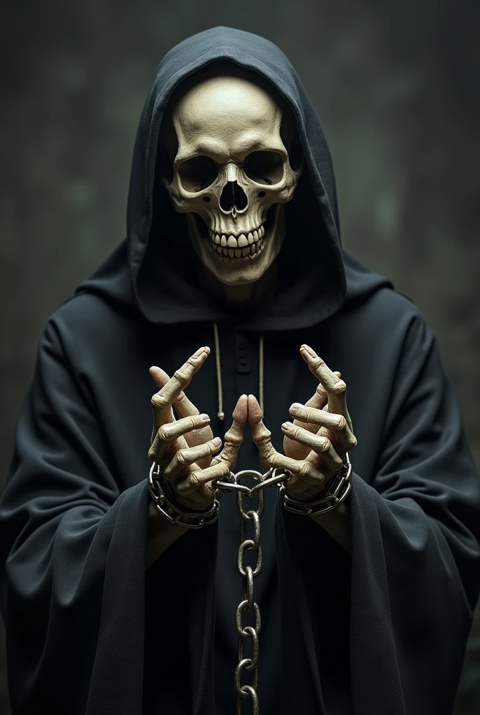 Skeleton holding hands in a cult-like robe, with a chain around his hand. Medium close-up shot, black tone, dark background, aspect ratio 1.:1