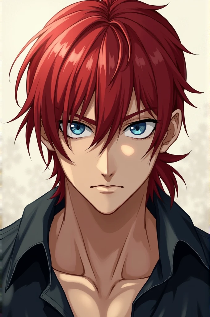 A red-haired man with medium-long, tied hair, blue eyes and marked features, anime but realistic