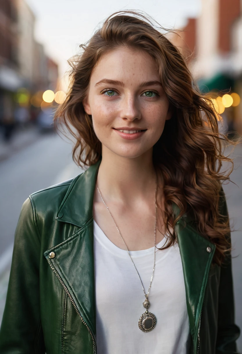 A 24-year-old woman with wavy chestnut brown hair and deep green eyes, her fair skin lightly freckled. She is walking along a quiet city street during twilight, dressed in a sleek, modern outfit: a light leather jacket over a fitted blouse and jeans. Her hair catches the evening breeze as she smiles, the soft streetlights casting a warm glow on her face. She wears her signature silver necklace with a small pendant, adding a touch of elegance to her casual look.