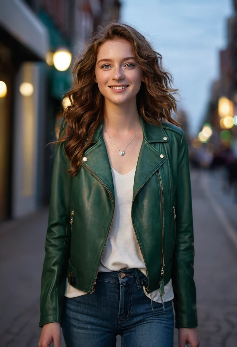 A 24-year-old woman with wavy chestnut brown hair and deep green eyes, her fair skin lightly freckled. She is walking along a quiet city street during twilight, dressed in a sleek, modern outfit: a light leather jacket over a fitted blouse and jeans. Her hair catches the evening breeze as she smiles, the soft streetlights casting a warm glow on her face. She wears her signature silver necklace with a small pendant, adding a touch of elegance to her casual look.