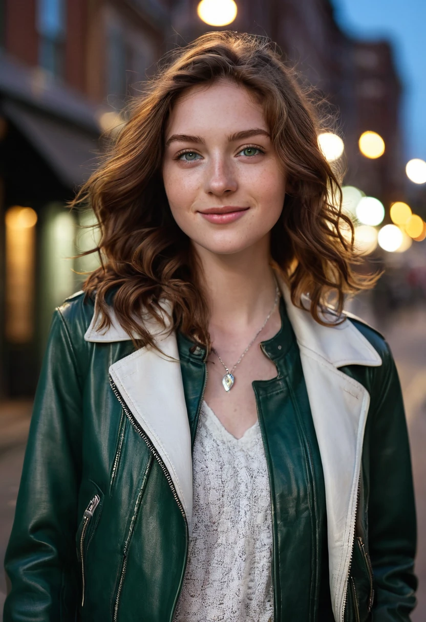 A 24-year-old woman with wavy chestnut brown hair and deep green eyes, her fair skin lightly freckled. She is walking along a quiet city street during twilight, dressed in a sleek, modern outfit: a light leather jacket over a fitted blouse and jeans. Her hair catches the evening breeze as she smiles, the soft streetlights casting a warm glow on her face. She wears her signature silver necklace with a small pendant, adding a touch of elegance to her casual look.