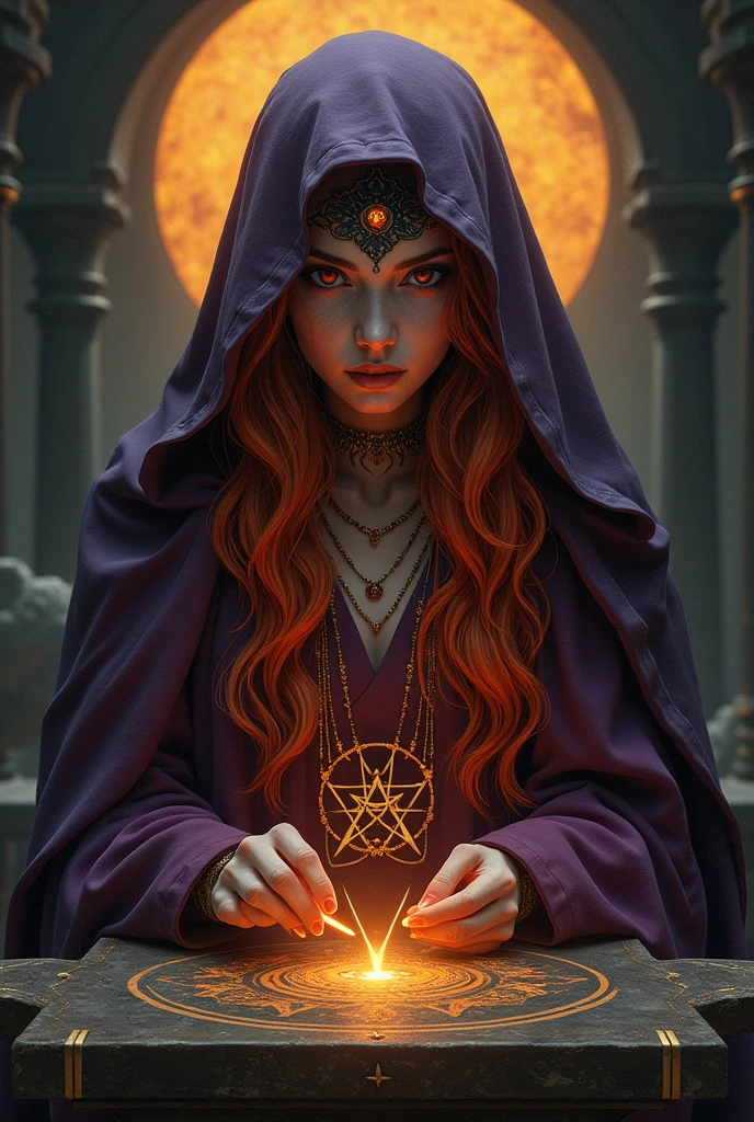 Lilith avec des cheveux orange noir solaire dans une tenue de sorcière mauve avec une capuche ,symbole alchimiste sur artefact art digital dark