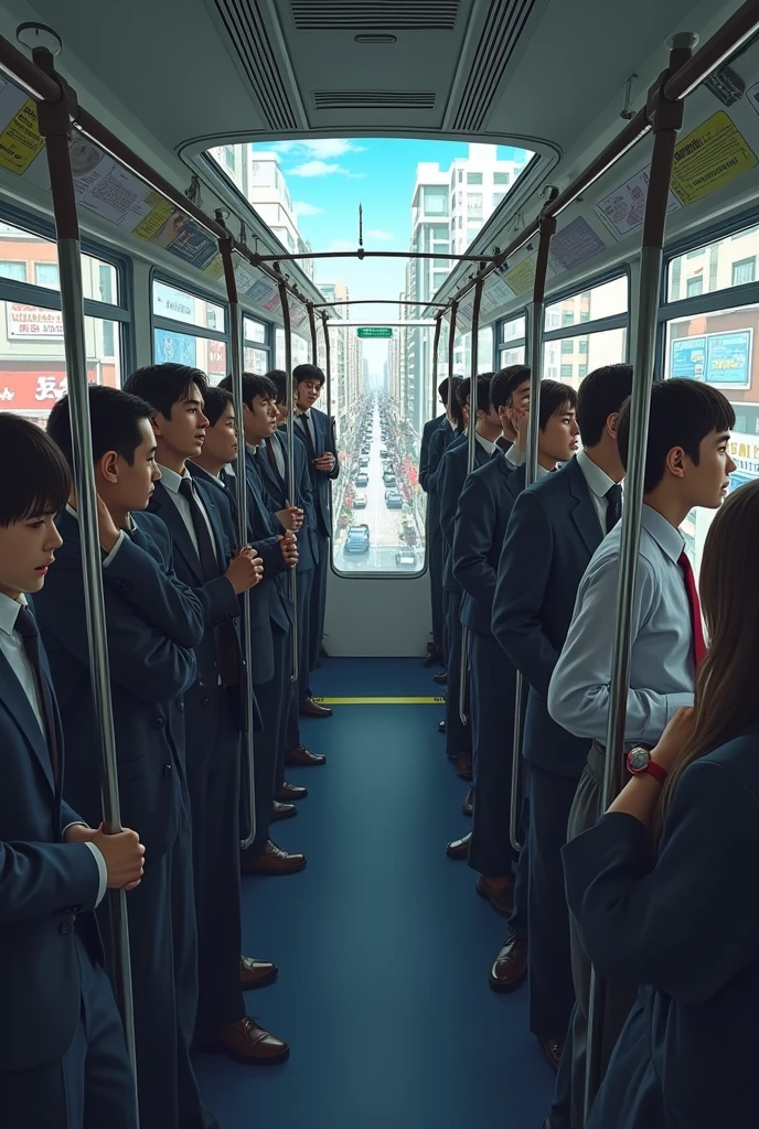 Inside a Japanese bus。People standing on the bus々View from the window where the scenery can be seen。

