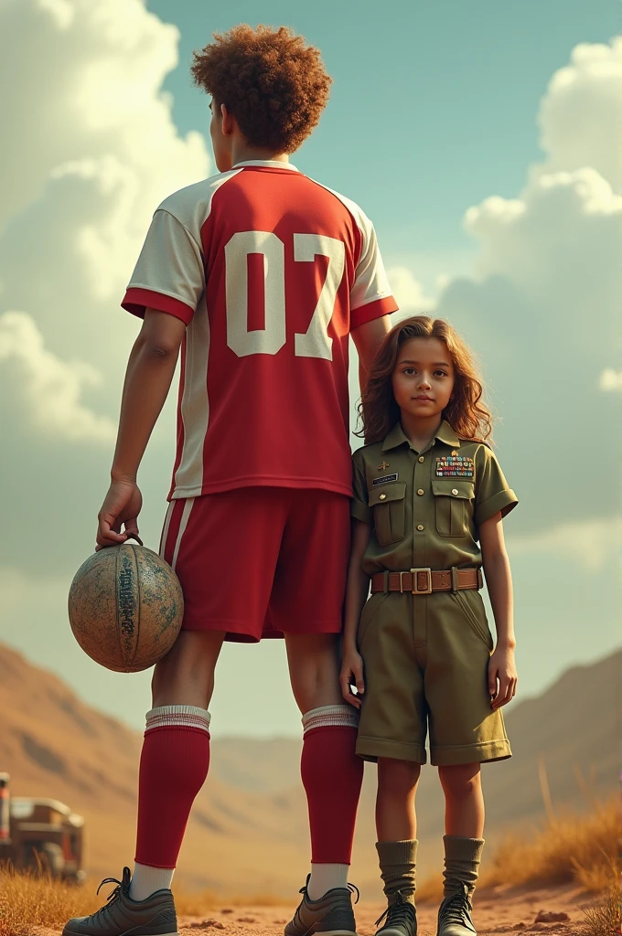 A boy with curly hair, 7 feet tall and fair skin who's a footballer wearing no.07 jersey. With his sister who is 5'7 feet tall, wavy hair and light brown skin who's a Indian soldier 