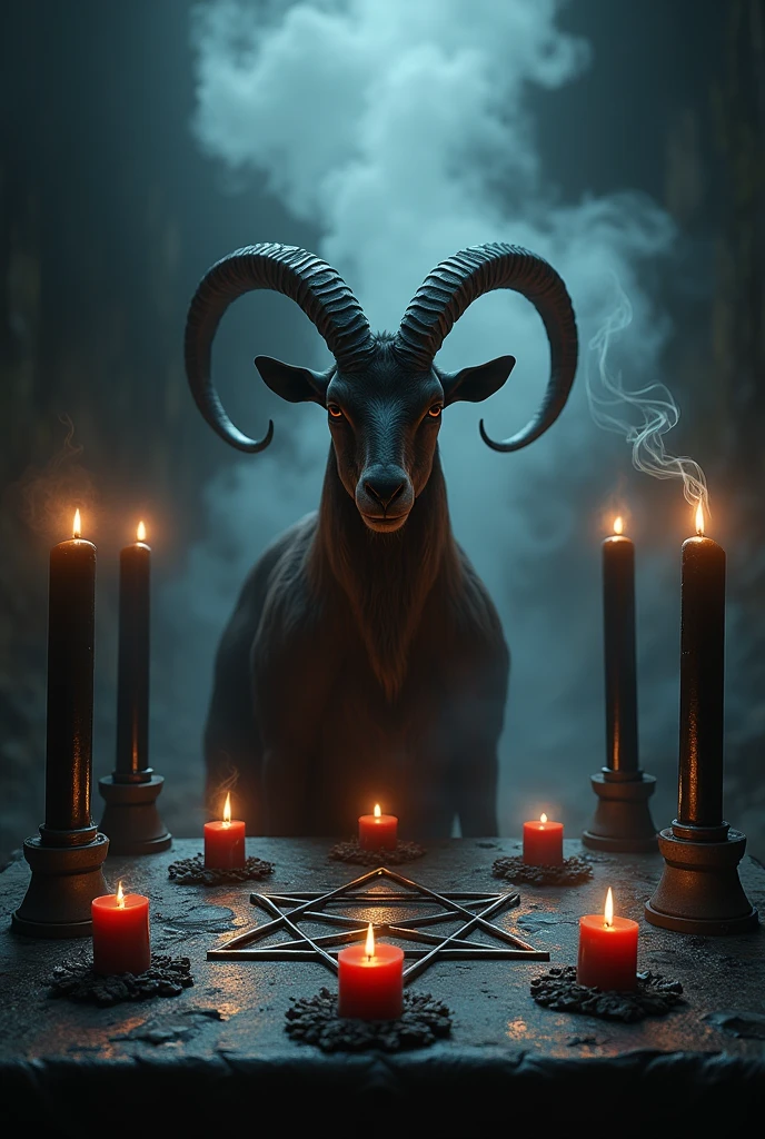 Altar with inverted pentagrams, a male goat in the middle of the altar, black candles and incense smoke
