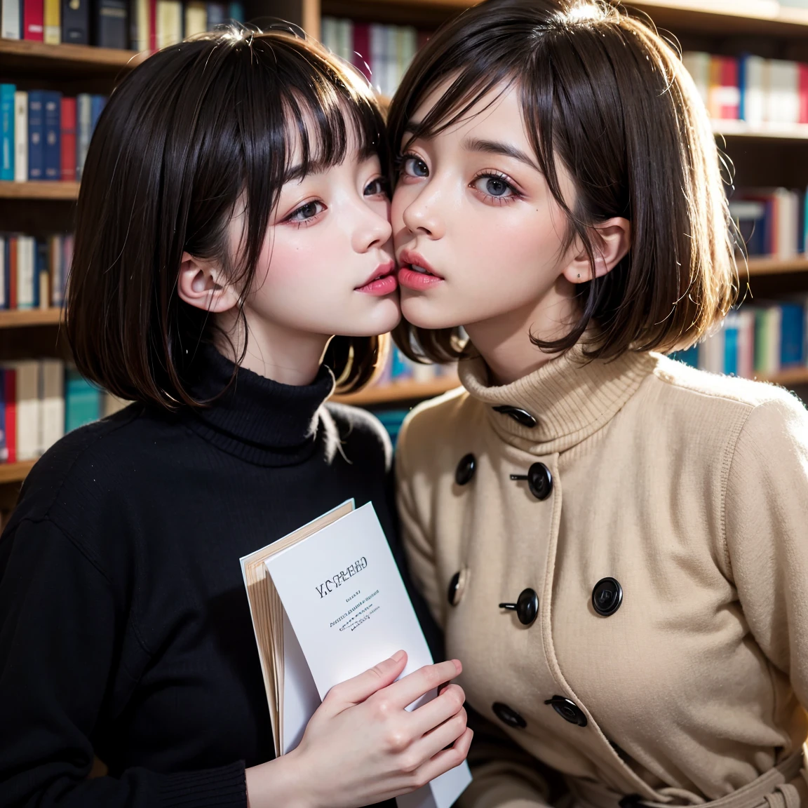 (UHD, retina, masterpiece, accurate, anatomically correct, textured skin, super detail, high details, high quality, best quality, high res, 1080P, HD, 4K, 8k, 16k), (beautiful detailed eyes, beautiful detailed lips, extremely detailed eyes and face), studio lighting, physically-based rendering, vivid colors, (large breasts, glamorous body), (beige trench coat, turtleneck sweater), (portrait, bob cut, shiny hair, shiny skin, blush), (cafe and bookstore, bokeh), eye reflection, (two stunning girls are deeply in love with each other, kiss:1.3)