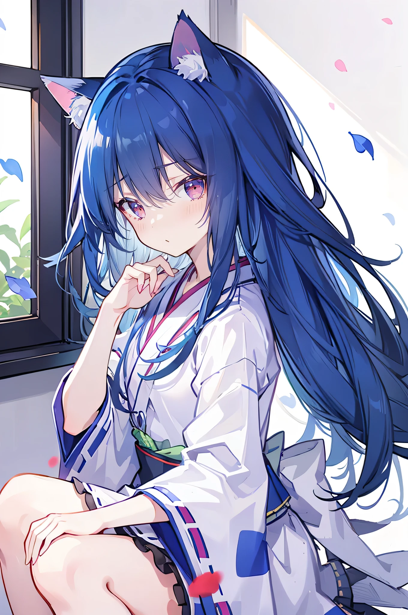 (Masterpiece:1.2),Ultra-detailed,lifelike,The eyes are expressive,Fair skin,Perfect face shape,1 girl,Japanese Manga,Gorgeous blue hair,Flowing blue hair,Flowing clothes,Cat ears,Petals falling,Shy face,sitting on window,Place your hand on your lips,