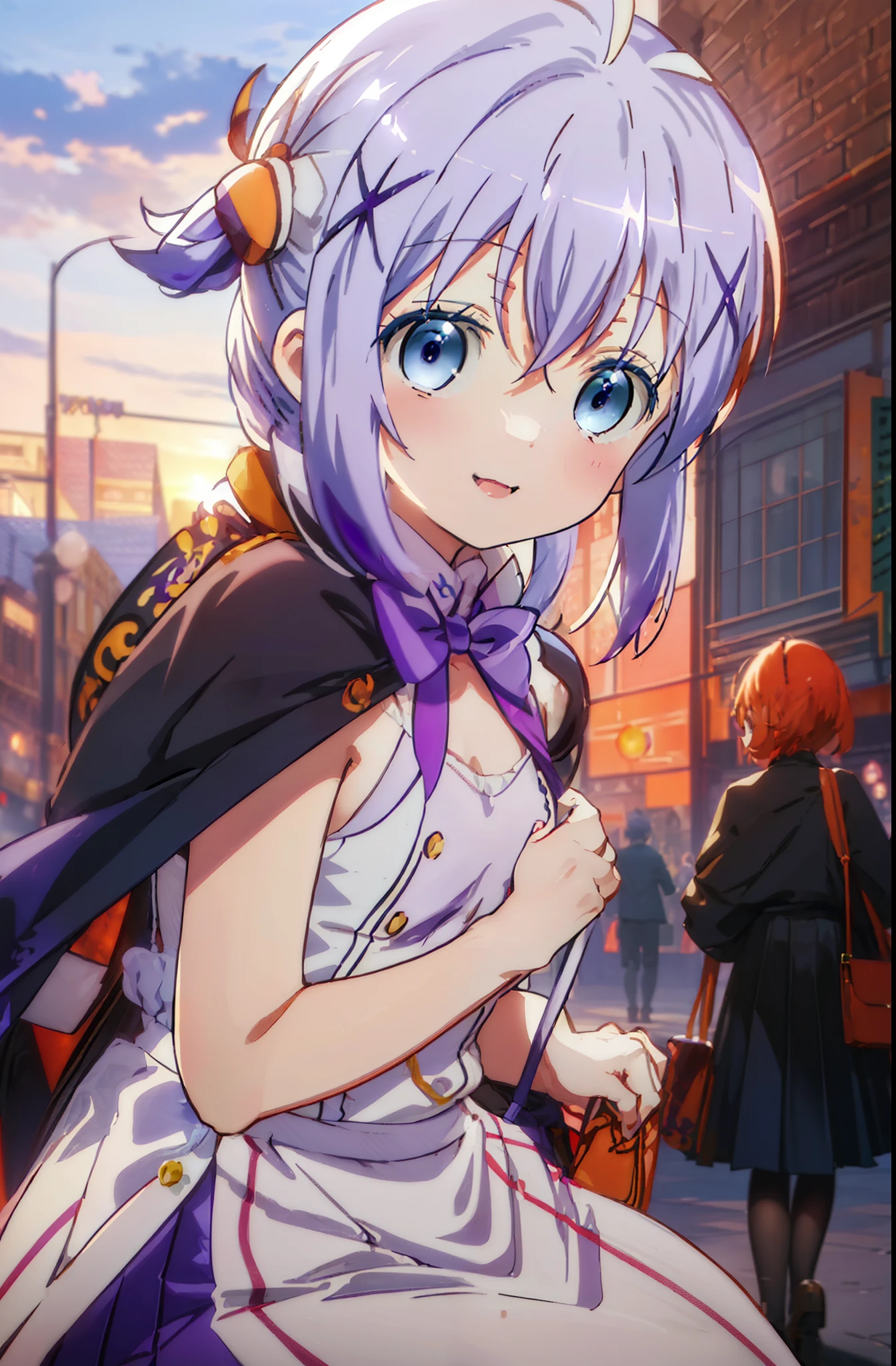 Chino Kafuu, short hair, pointed ears, orange hair, ponytail,(violet eyes:1.5), (small breasts:1.5), happy smile, smile, open your mouth,blue pleated skirt,white socks,brown loafers,evening,sunset,下校中
break looking at viewer, Upper body, full body,
BREAK outdoors, In town,building street,
BREAK (masterpiece:1.2), highest quality, High resolution, unity 8k wallpaper, (figure:0.8), (detailed and beautiful eyes:1.6), highly detailed face, perfect lighting, Very detailed CG, (perfect hands, perfect anatomy),