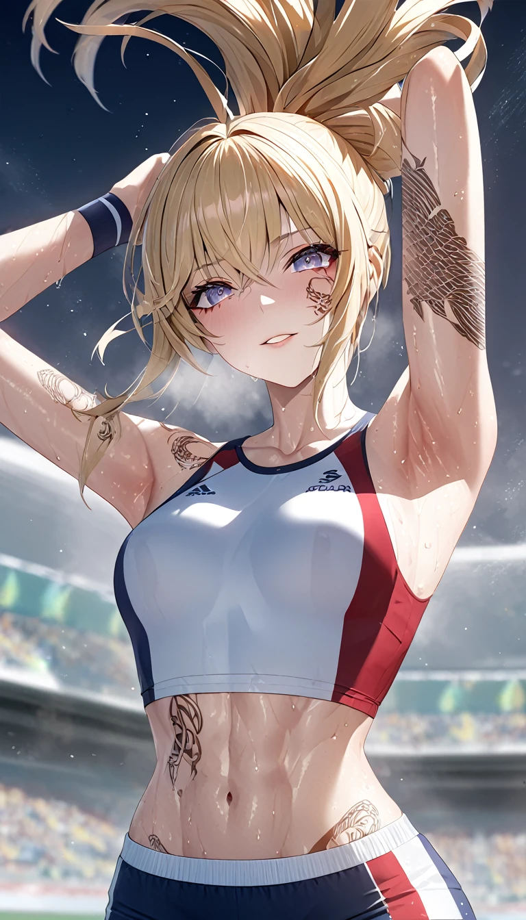 female track and field athlete, blonde up-hair, make-up, amorous and lewd face, superlative body proportion, covered in tattoos, track and field uniform, abs, warming up, shading effects, gradation magic effects, foggy filter effects, glitter effects, (ultra detailed, absolutely resolution, best quality:1.3), 2.5D, delicate and dynamic, artistic photography, hyper realistic, graphic CG digital art