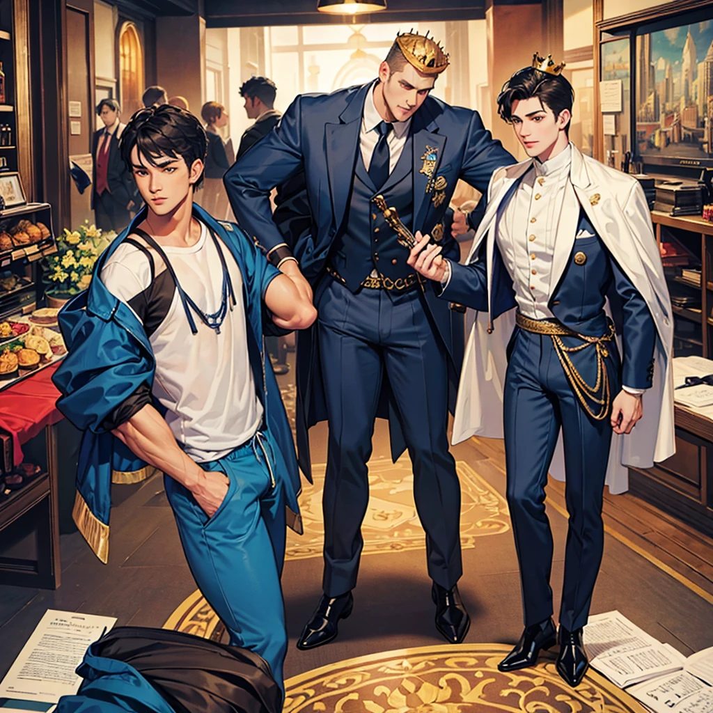 34age , 23m tall, king, giant, small crown in hand, muscular face, body builder, muscular, male pecs, big butt, monster bulge in crotch, huge body, dark blue jacket suit, big bulging dark blue pants, white shirt, hairy arms, hairy legs, black shoes, smooth skin like almonds, black hair, gray eyes, small town, macro