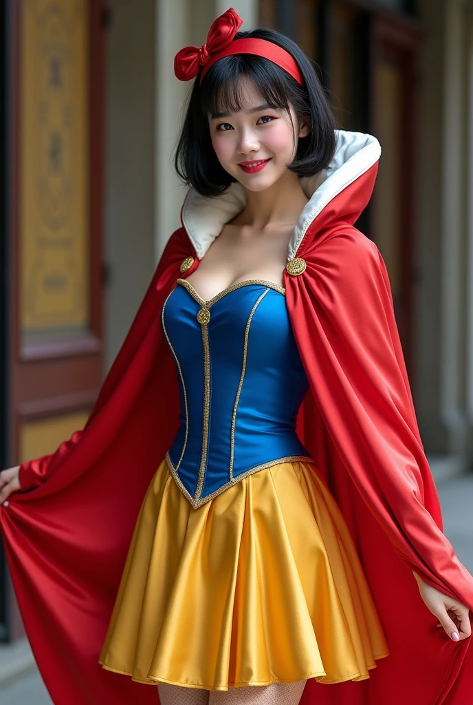 , Beautiful Chinese 18 year old female , wearing snow white cosplay, blue silk corset, red silk cape, yellow silk pleated skater skirt, silk leggings, black bob hair, red hairband, masterpiece, photorealistic, amazingly detailed face, maximum resolution,  happy, dynamic pose, , realistic, photograph, cleavage, satin, shiny clothing, sexy pose, wearing a tight silk  moncler puffer coat