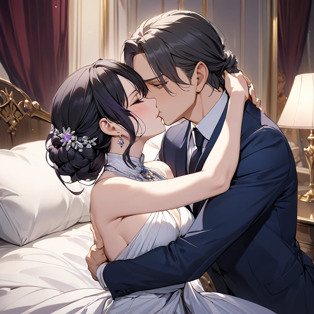 ((Highest quality)), ((masterpiece)), (detailed), (Perfect Face)、The woman is Shinobu Kocho, a Russian with black hair in a purple gradient bob style, tied up in a formal evening hairstyle.、The woman is a member of the United Russia party and is beautifully dressed in a suit and lavish accessories.、She is a United Russia member who is dedicated to the cause of a great United Russia, and she deeply respects and worships the leader of the Great Russian Party, a United Russia supremacist.、As the secretary and mistress of a great United Russia official, the woman wholeheartedly devotes herself to serving him, body and soul, embracing him, snuggling with him, kissing him, and serving him as a mistress to the great and beloved official.、In the bedroom, the naked man embraces the naked woman as his lover, kissing her, having sex with her and making love.