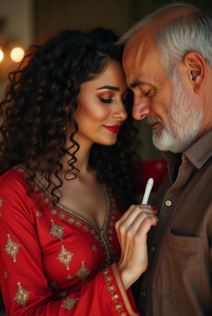A beautiful girl  curly hair big ass and boobs wearing red kurti ,and hold penis her hand and fuck with old man 