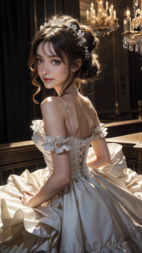 Dramatic composition, court-style dresses, royal, gorgeous, cascading frills, ruffles, bows, crystal chandeliers, Roman curly hairstyles, ponet, double ponytails like drills, look at the camera, bangs, maximalism, palatial background, delicate portrayal of hair and eyes, princess dresses, gorgeous skirts, flowers in hand, smiles, starry eyes, cinematic light, extreme detail, high definition, happy girl, very long hair, diamonds, broken diamonds, crystal fragments, light particles