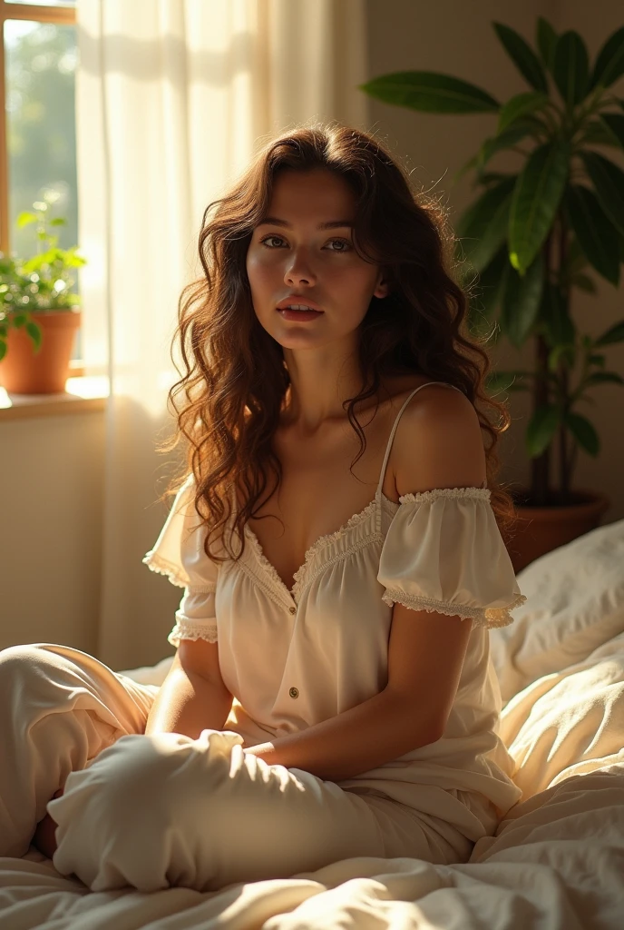 (photorealism:1.2), beautiful woman, sitting on bed, wearing loose off-shoulder top, pajama pants, long curly hair, indoors, soft lighting, plants in background, window with sunlight, cozy room, relaxed pose, realistic, intricate details, warm colors, by Greg Rutkowski, by Alphonse Mucha