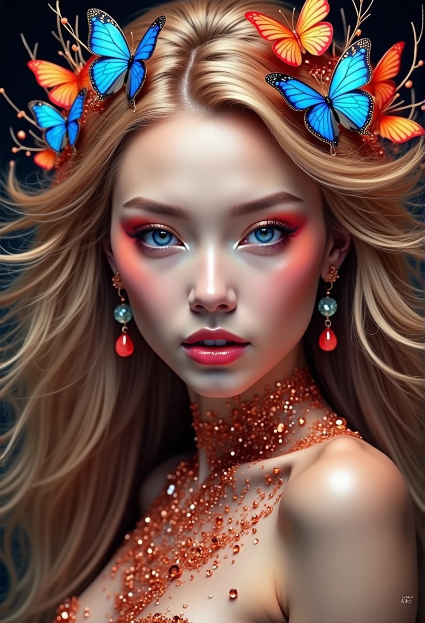 fashion shoot, beautiful goddess, perfect sweet face and eyes, Alcohol ink, splatter art, multicolor oil painting, Miki Asai Macro photography, long blowing hair, Fantastic Realism and Sharp Focus, Mysterious Filigree Elements, filigree red drops, filigree multicolored buterflies, Glowing Accents, fantasy art, watce, golden appear naturally, symmetrical, glowing crystals,Ceramic_Animal