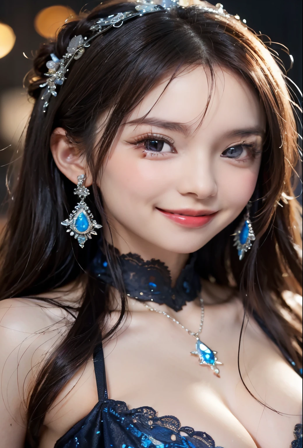 (uhd, retina, masterpiece, accurate, anatomically correct, textured skin, super detail, high details, high quality, best quality, high resolution, 1080P, HD, 4K, 8k, 16,000), (beautiful and delicate eyes, beautiful and delicate lips, Highly detailed eyes and face), soft lighting, Physically Based Rendering, vivid colors, (big bust, glamorous body), (royal blue, deep neckline dress, mini dress), (portrait, shiny hair, glowing skin, blush), (bokeh), eye reflection, (smile and laugh:1.5),