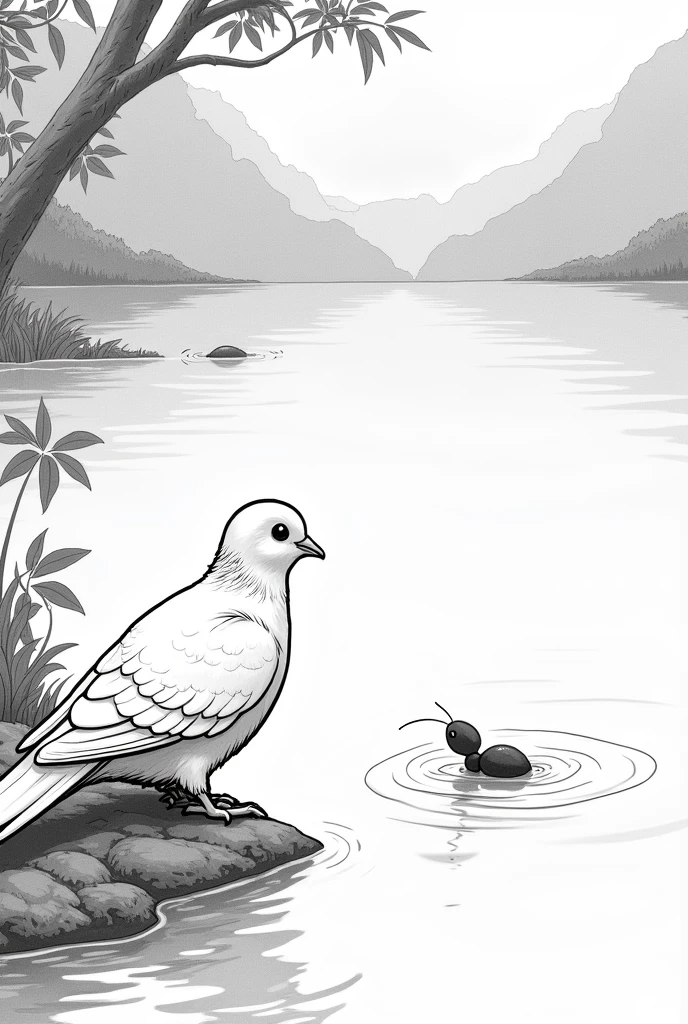 Generate Sketch picture of a a dove observing ant drowning in water along a lake