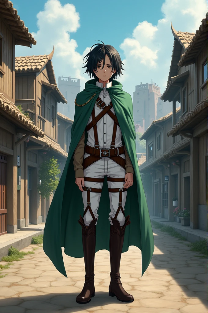 Dazai from Bungo stray dogs wearing clothes from attack on titan, standing in the attack in titan village