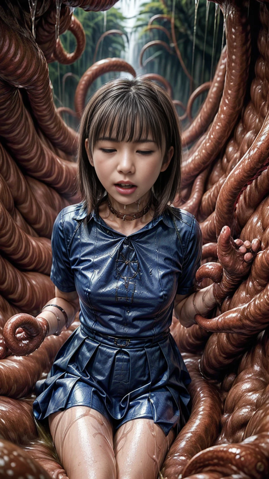 creepy tentacles are (((licking))) Asian school girl (inside creature:1.4) of stinky saliva fluids in fantasy, (stinky dress), wet girl, sitting, ((looking at the viewer)), wet skin, bukkake, anguished, bound by slimy tentacles, bdsm, vine, sitting in a mirror, she is resisting from cum shot, fetish, pussy juice stain, (she is hiding her mouth:1.5) inside creature, slimy ((wet skin)) dripping, (beautiful eyes), dried saliva, ((steaming)), depth of field, 1girl, solo, censored, ((white)) blouse, skirt, school girl, vore, photorealistic, slime, saliva