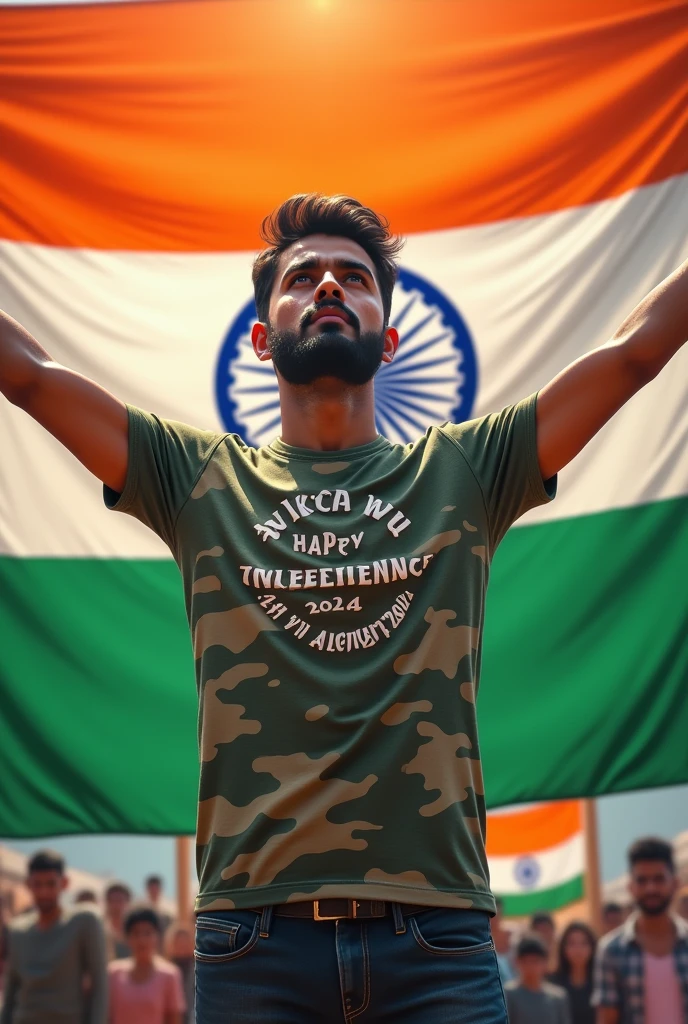 Happy independence day 15th august 2024 is written on big flag of india and a 25-year-old boy is standing in front of h wearing army fit T-shirt, with name "LAVKESH RAJ" written on t shirt, And holding the india flag in his hand, art painting realistic high quality photo