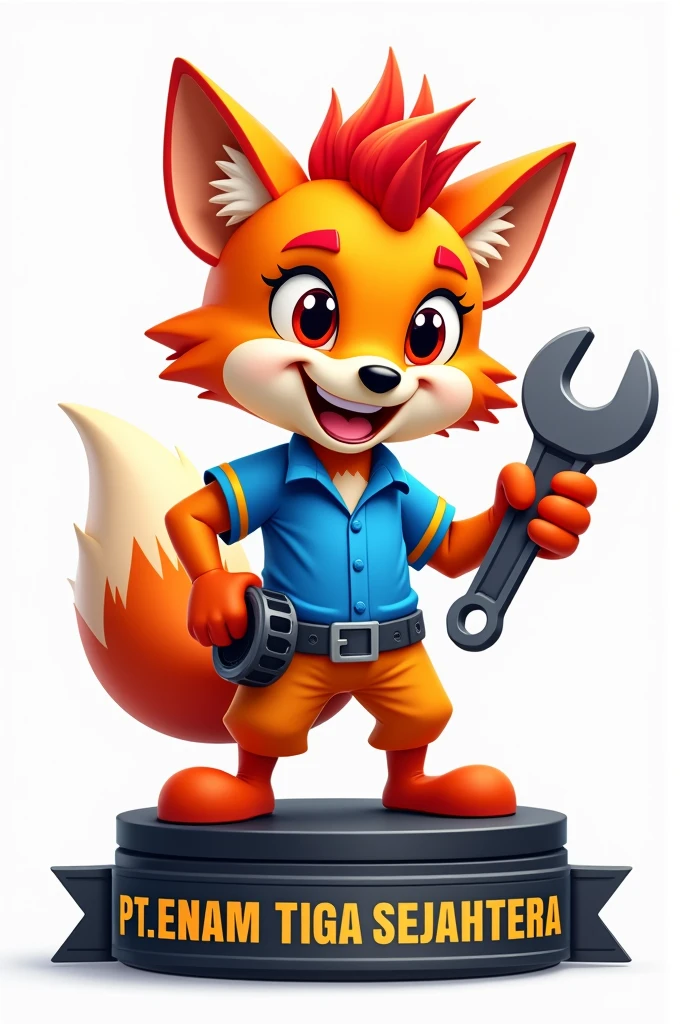 A vibrant and playful cartoon character resembling a rubah with bright red spiky hair, wearing a blue shirt with yellow accents. The character is holding a large wrench in one hand and a gear symbol in the other. It stands confidently on a black base,ribbon with the text "PT. ENAM TIGA SEJAHTERA" in bold letters. The background is simple and clean, emphasizing the character's colorful design and cheerful expression, suitable for a logo or mascot design
