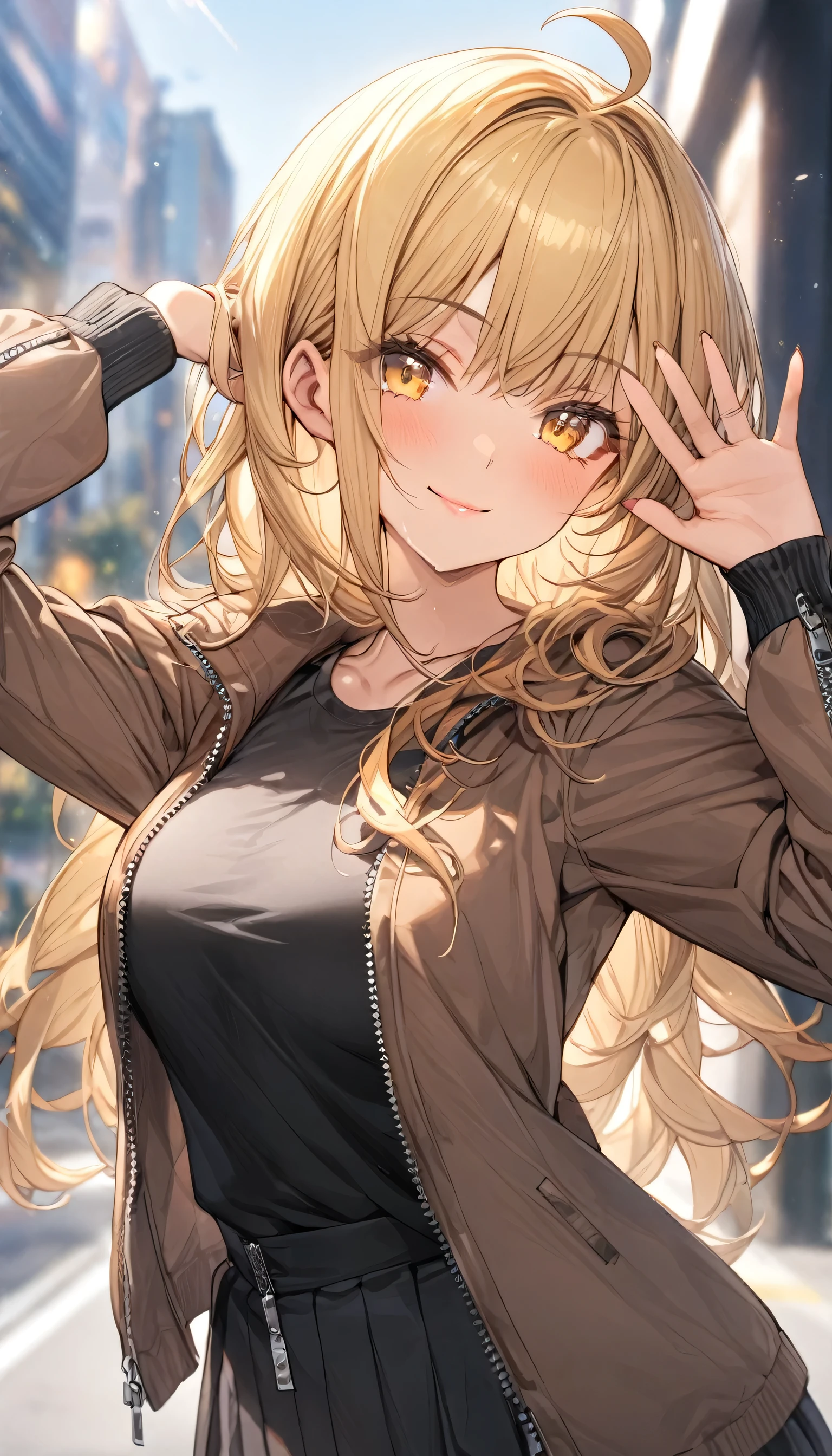 ((masterpiece, best quality)), very aesthetic, absurdres, One girl, Ahoge, bangs, black skirt, black sweater, Blurred, Blurred background, chest, Yellow eyes, Bright blonde Hair, brown Jacket, Mouth closed, Day, Depth of written boundary, No Earrings, eyelash, Raise your hand, Tilt your head, Jacket, No jewelry, Long Hair, Long sleeve, View Viewer, medium chest, Manicure, Open clothes, open Jacket, Outdoor, Pursed lips, Tucked in shirt, Side Lock, skirt, Sleeves are longer than the wrist, alone, sweater, Upper Body, zipper, smile,