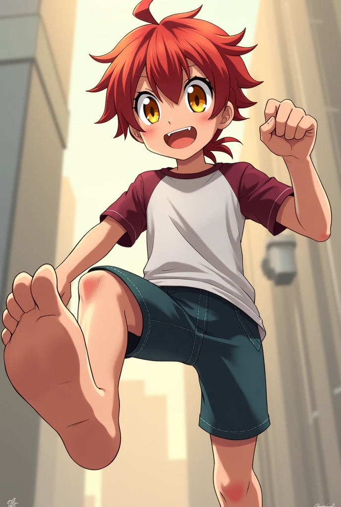 Anime boy has yellow eyes, wears a white t-shirt with a maroon long sleeve shirt underneath it. he has a red ponytail and is barefoot soles, stomping, one leg raised while standing up, viewer is looking up while his foot is coming down on them