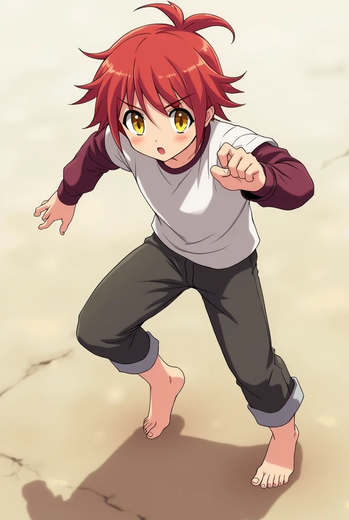 Anime boy has yellow eyes, wears a white t-shirt with a maroon long sleeve shirt underneath it. he has a red ponytail and is barefoot soles, stomping, one leg raised while standing up, viewer is looking up while his foot is coming down on them

