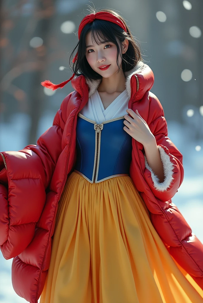 , Beautiful Chinese 18 year old female , wearing snow white cosplay, blue silk corset, red silk cape, yellow silk pleated skater skirt, silk leggings, black bob hair, red hairband, masterpiece, photorealistic, amazingly detailed face, maximum resolution,  happy, dynamic pose, , realistic, photograph, cleavage, satin, shiny clothing, sexy pose, (((wearing a tight silk  moncler puffer coat)))