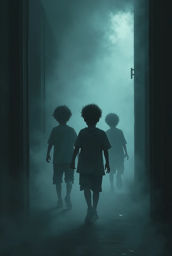 A dense fog is following three boys from behind in a dark room (side view )