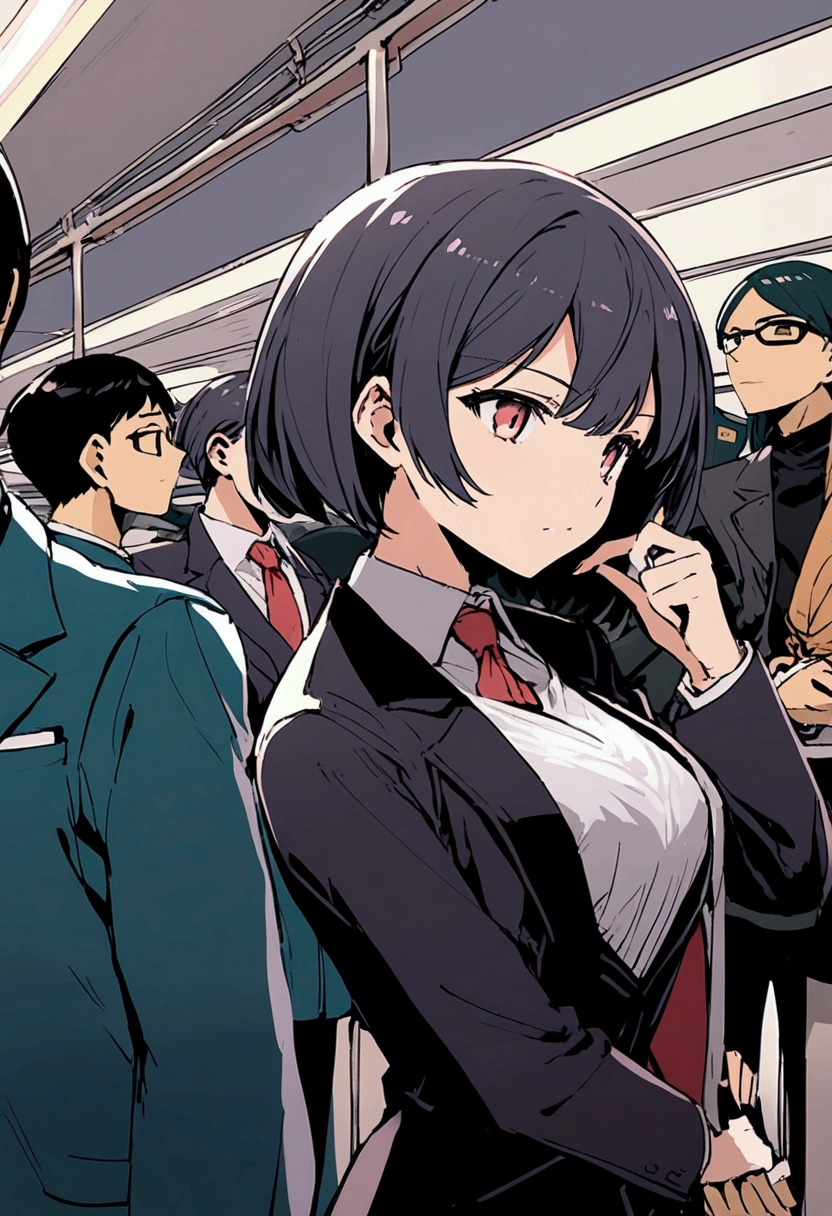 slender,young girl,pixie cut,black hair,suit