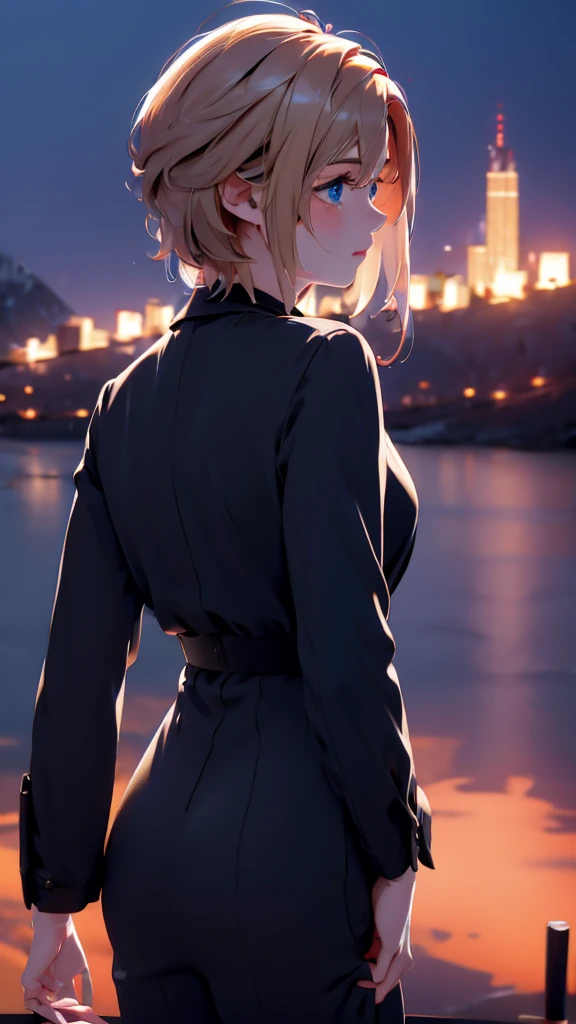 1 girl, medium light gold hair, light blue eyes, wearing black suit, night city, absurdres, high res, ultrasharp, 8K, masterpiece, looking from behind